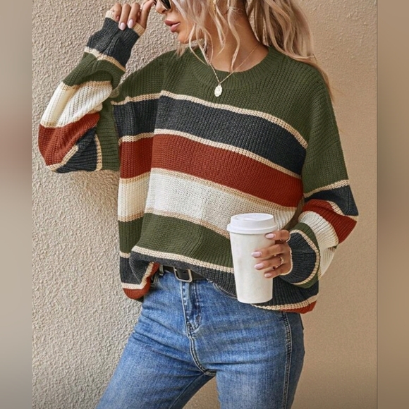 New Oversize Casual Multi Stripe Loose Sweater Top Green Rust Cream - Picture 3 of 8